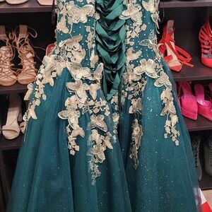 Bliss Teal Green Ball Gown with Gold Lace Appliqué